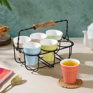 Larah Kulhad Set with Caddy Wired Stand Assorted Colours